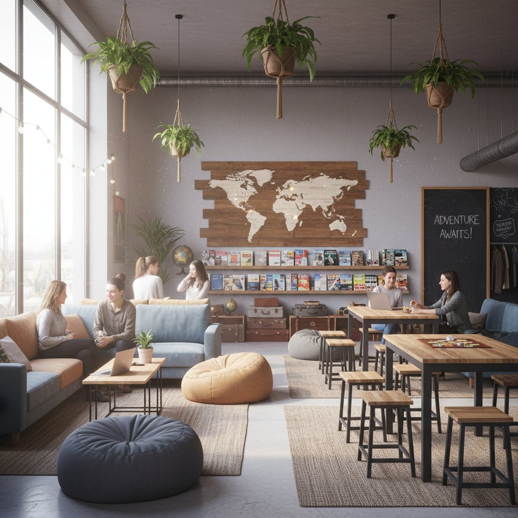 海外のホステルまたはゲストハウスの共用スペース