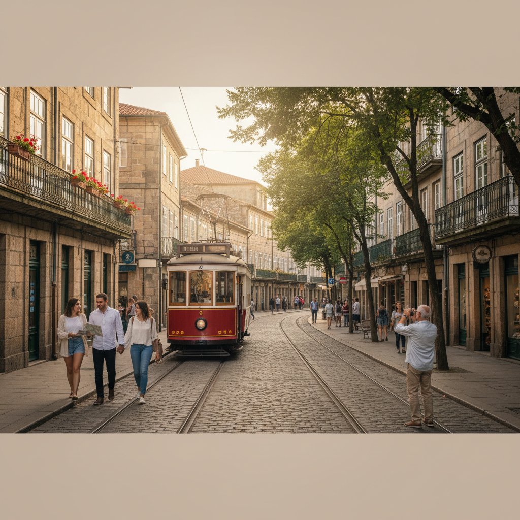 ヨーロッパの観光地を歩く人々と公共交通機関