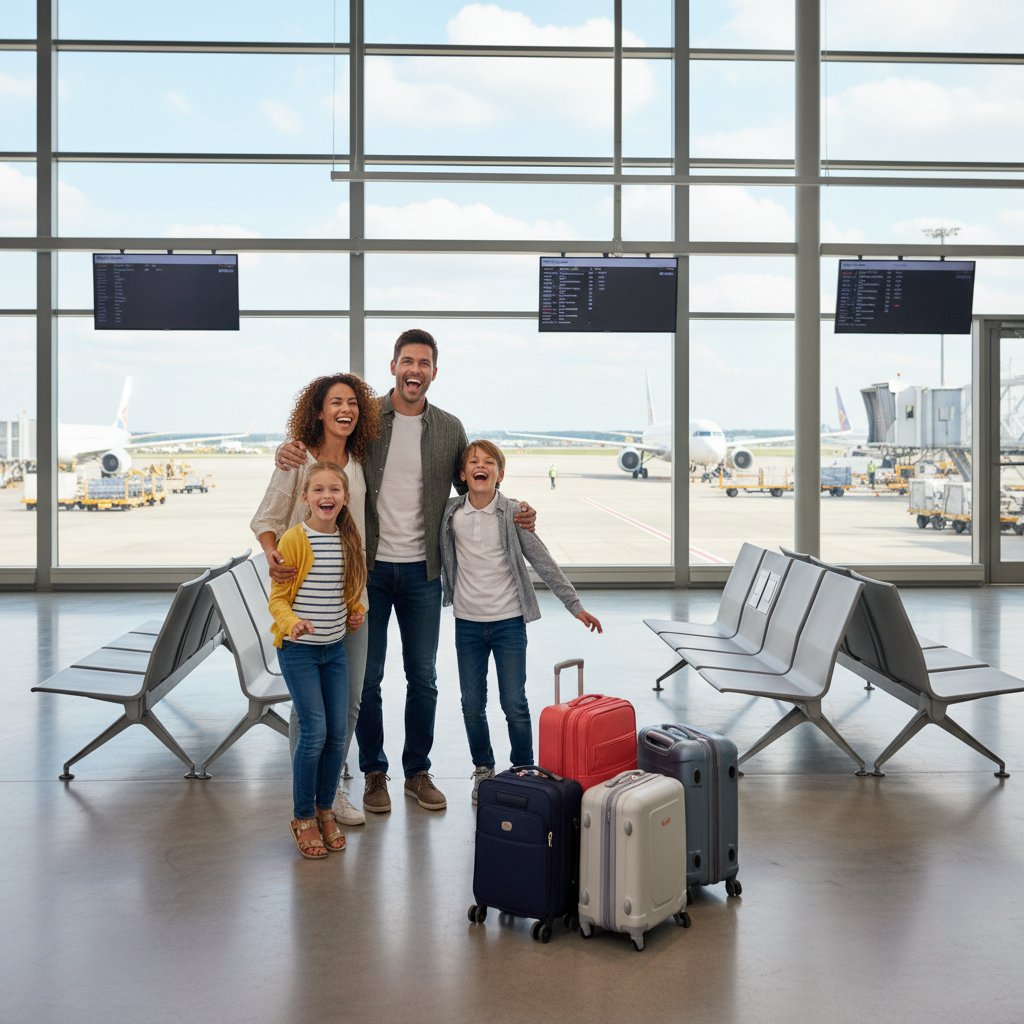 笑顔の家族が空港で旅行を楽しむ様子