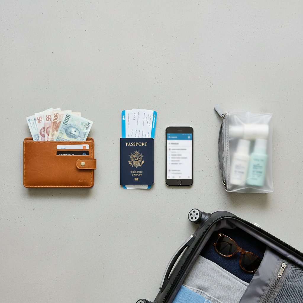 パスポート、チケット、荷物が揃った出発前の準備