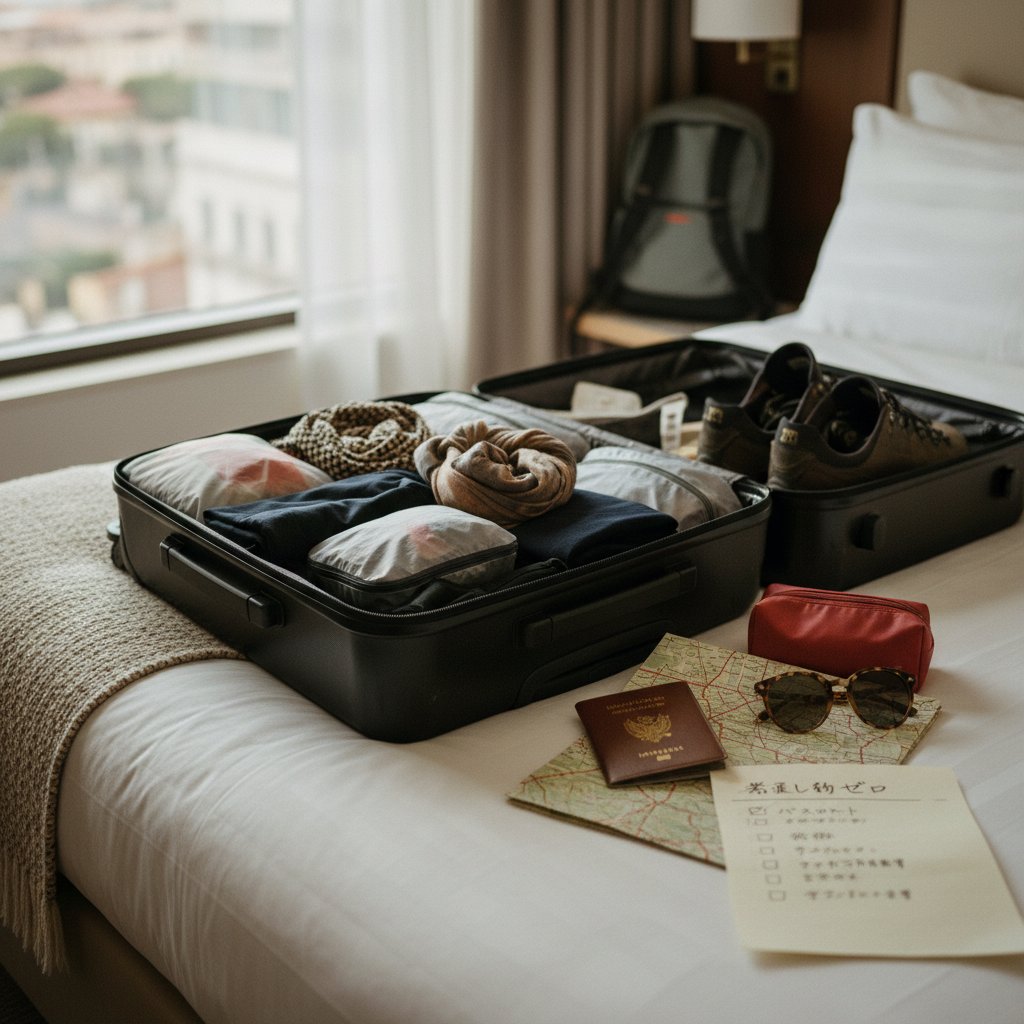 スーツケースとパスポート、忘れ物ゼロ