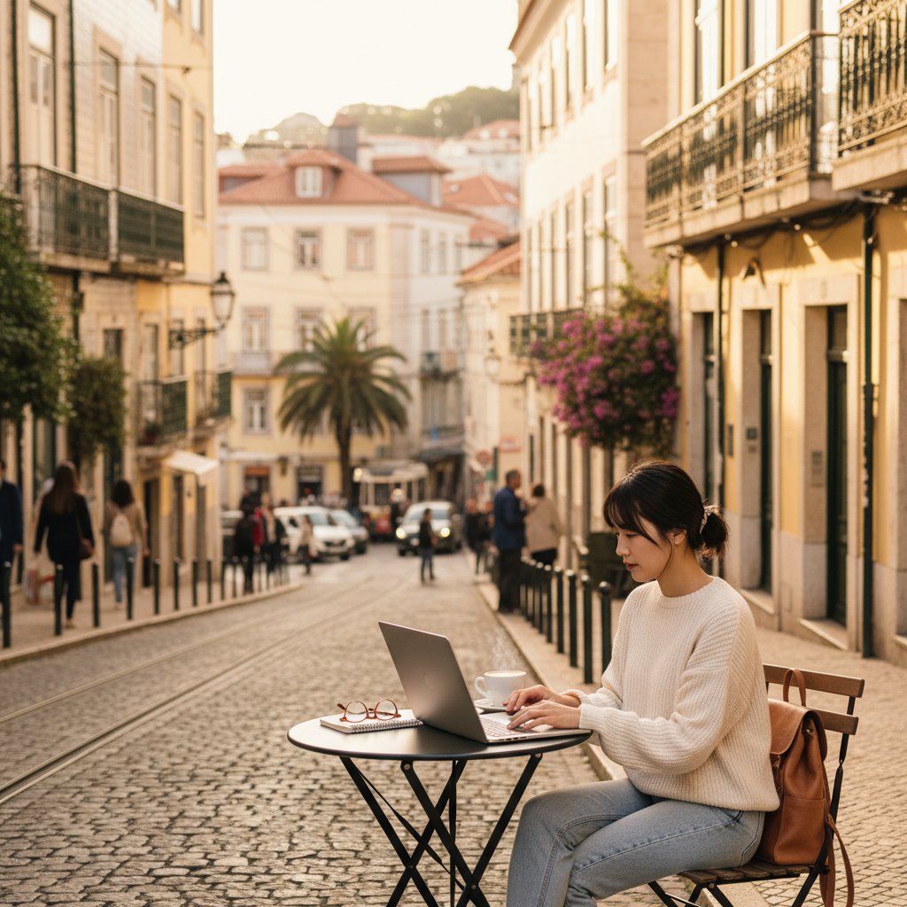 ノートパソコンを開いて海外で仕事をしている女性